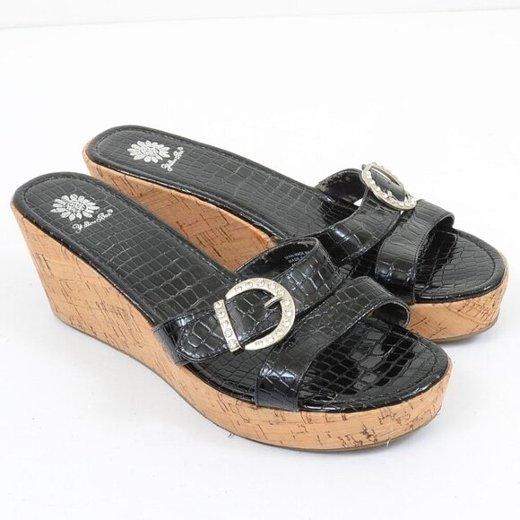 Yellow Box Amber Cork Wedge Moc Croc Buckle Detail Sandals Size 11 - Picture 2 of 10